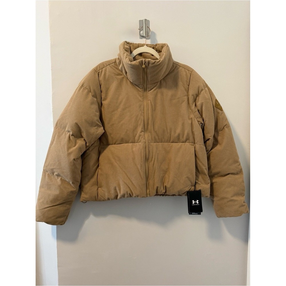 NWT Under Armour Brown Down Corduroy Cropped Funnel Neck Puffer Jacket Women's L